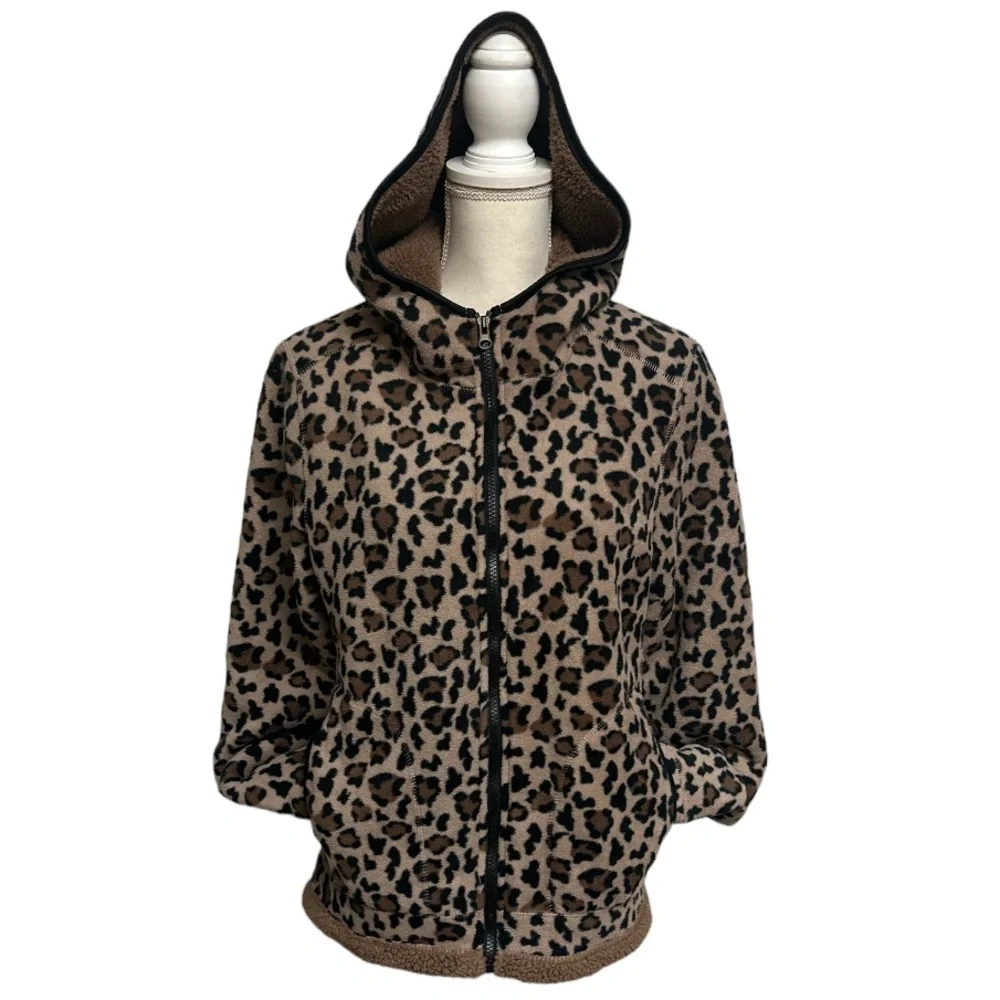 Leopard Print Fleece Hooded Zip Up Jacket With Pockets Ladies Size Medium